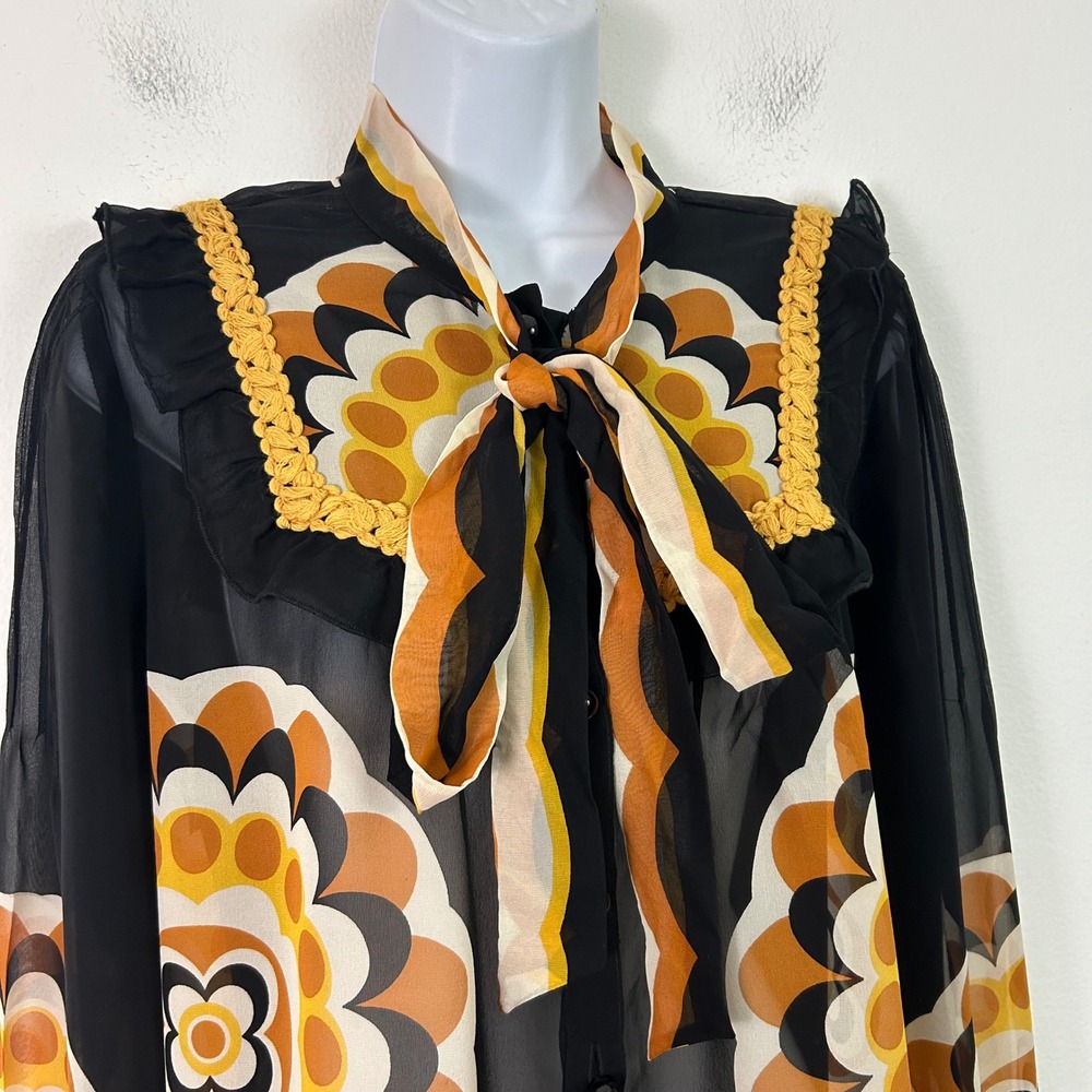 Anna Sui Silk Sheer Tie Neck Blouse Orange Black Floral Ruffle Top Size 12 USA